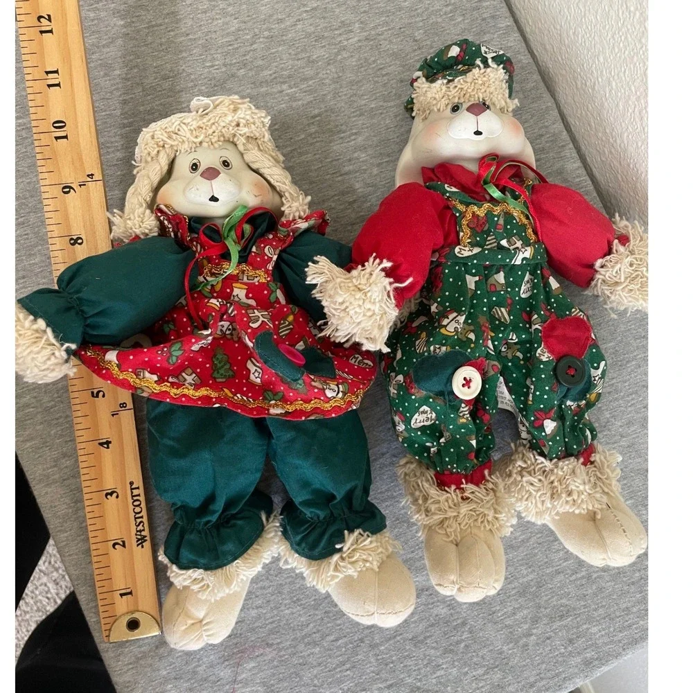 VTG House of Lloyd Hip & Hop Christmas Plush Bunny Pair Green Red 542064 Good